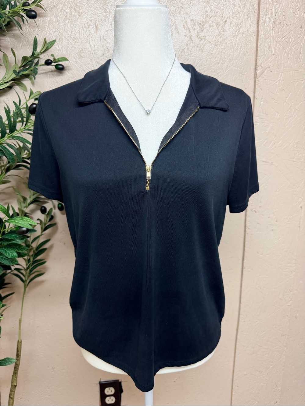 Green Envelope Black Short-Sleeve Zip Polo Top